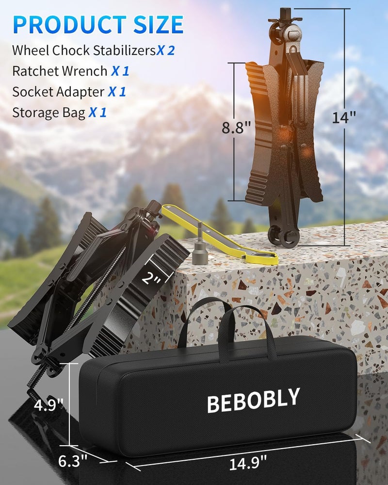 BEBOBLY Camper RV Wheel Chock Stabilizer, Heavy Duty X-Shaped Camper Wheel Chock 2 Sets with Wrench for Travel Trailer, Fits 3.5" to 12" Wheel Gaps, Anti-Move Tire Wheel Chock - Image 2